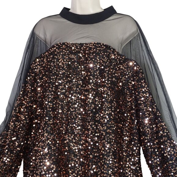 Shein Curve Black Sequin Sheer Mesh Blouse Long Sleeve 3XL US 18 Keyhole Back - Picture 2 of 11